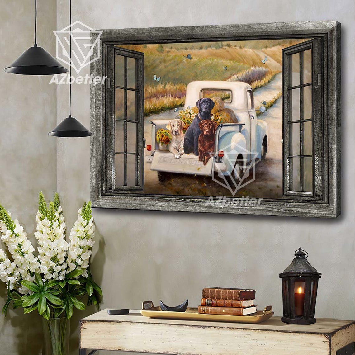 Three Labradors in Vintage Pickup Truck Window View Art Poster - Image 4