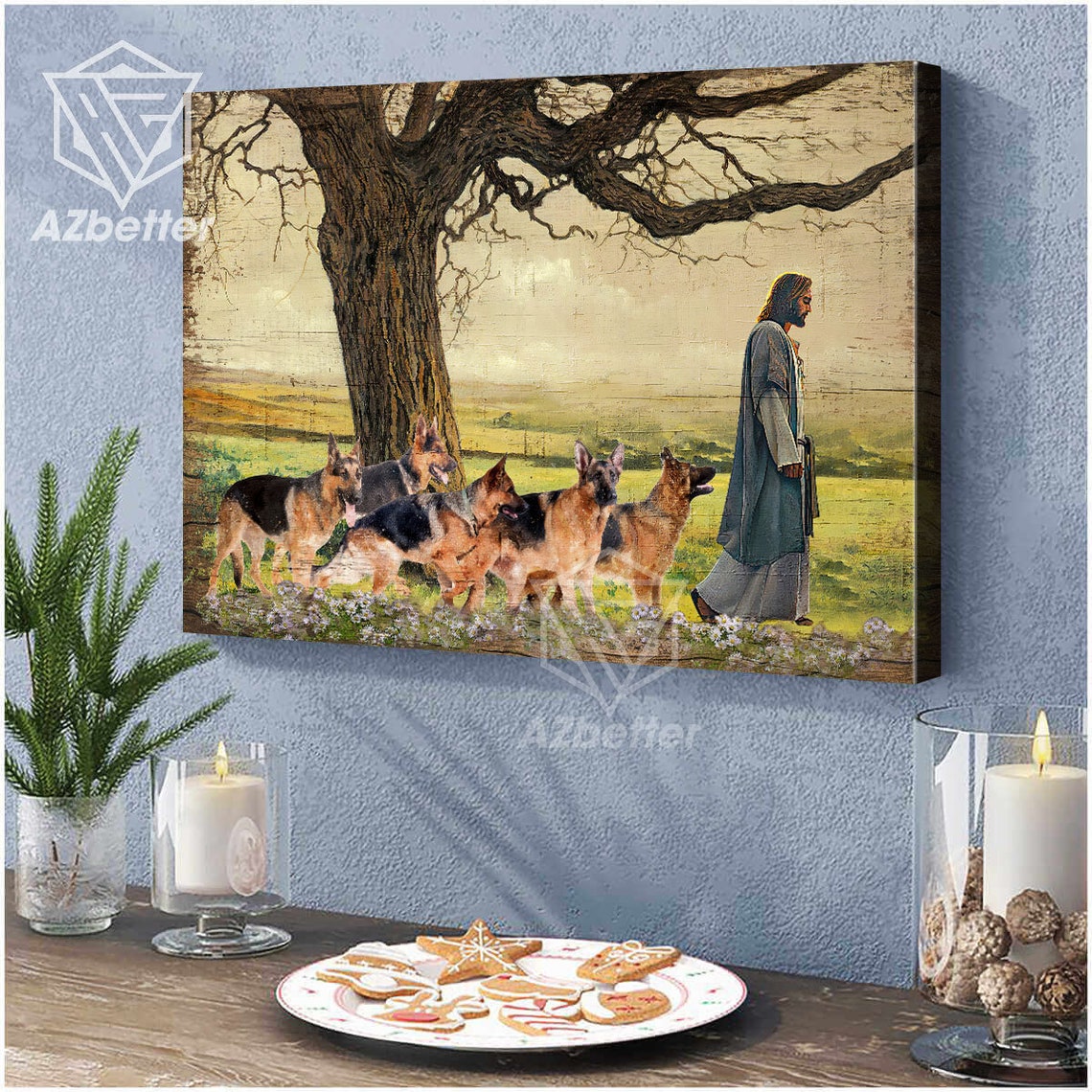 Jesus Walking with Five German Shepherds Across a Sunny Meadow Poster - Image 5