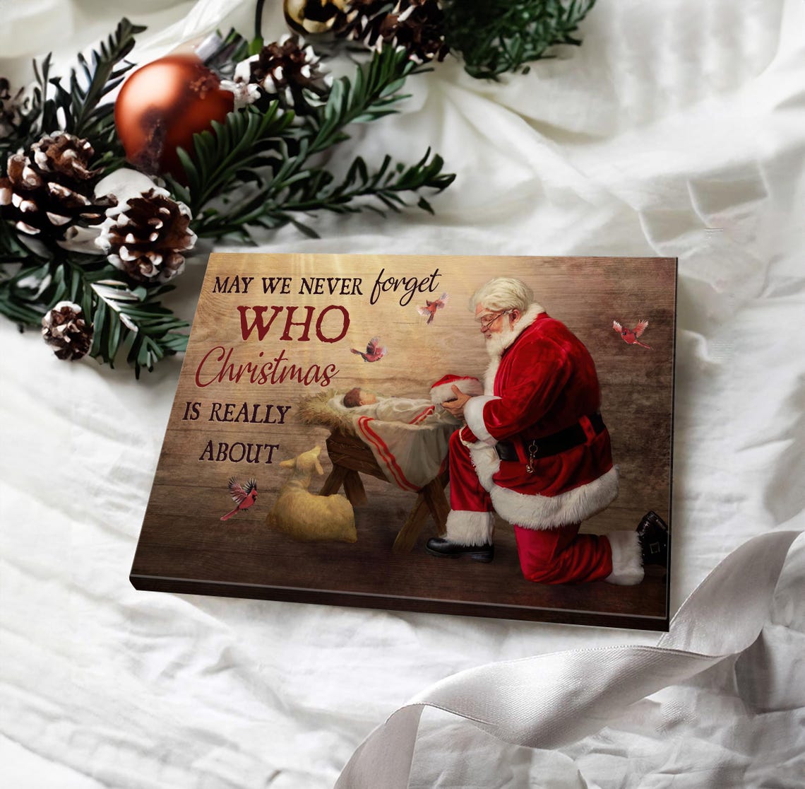 Kneeling Santa Before Baby Jesus Never Forget Christmas Poster - Image 4