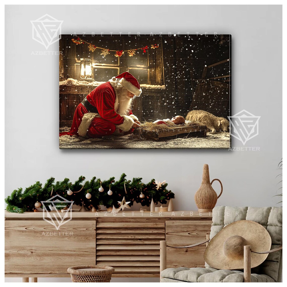 Santa Kneeling Before Baby Jesus in Snowy Nativity Scene Poster - Image 5