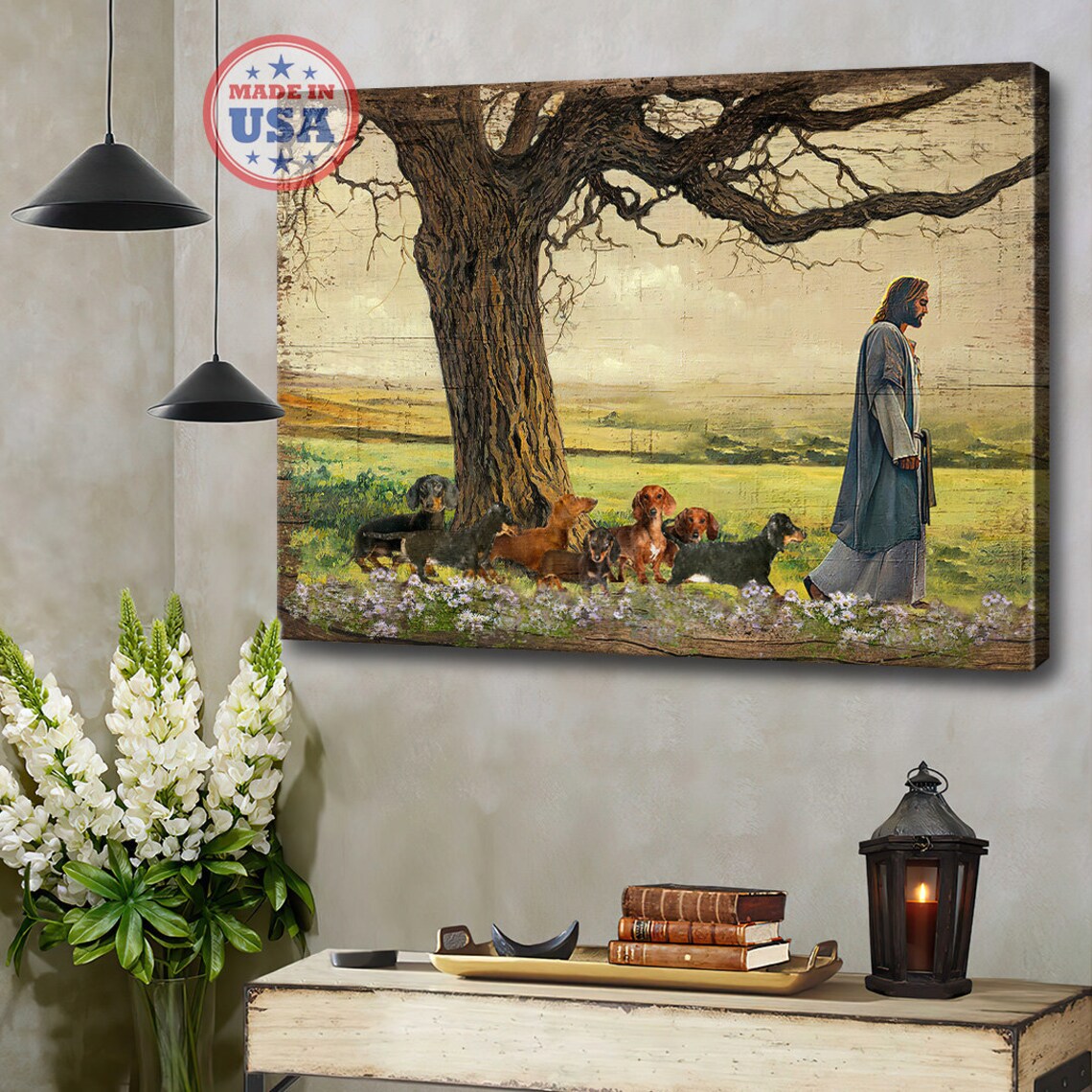 Jesus Walking With Dachshunds Sunny Flower Meadow Faith Art Poster - Image 5
