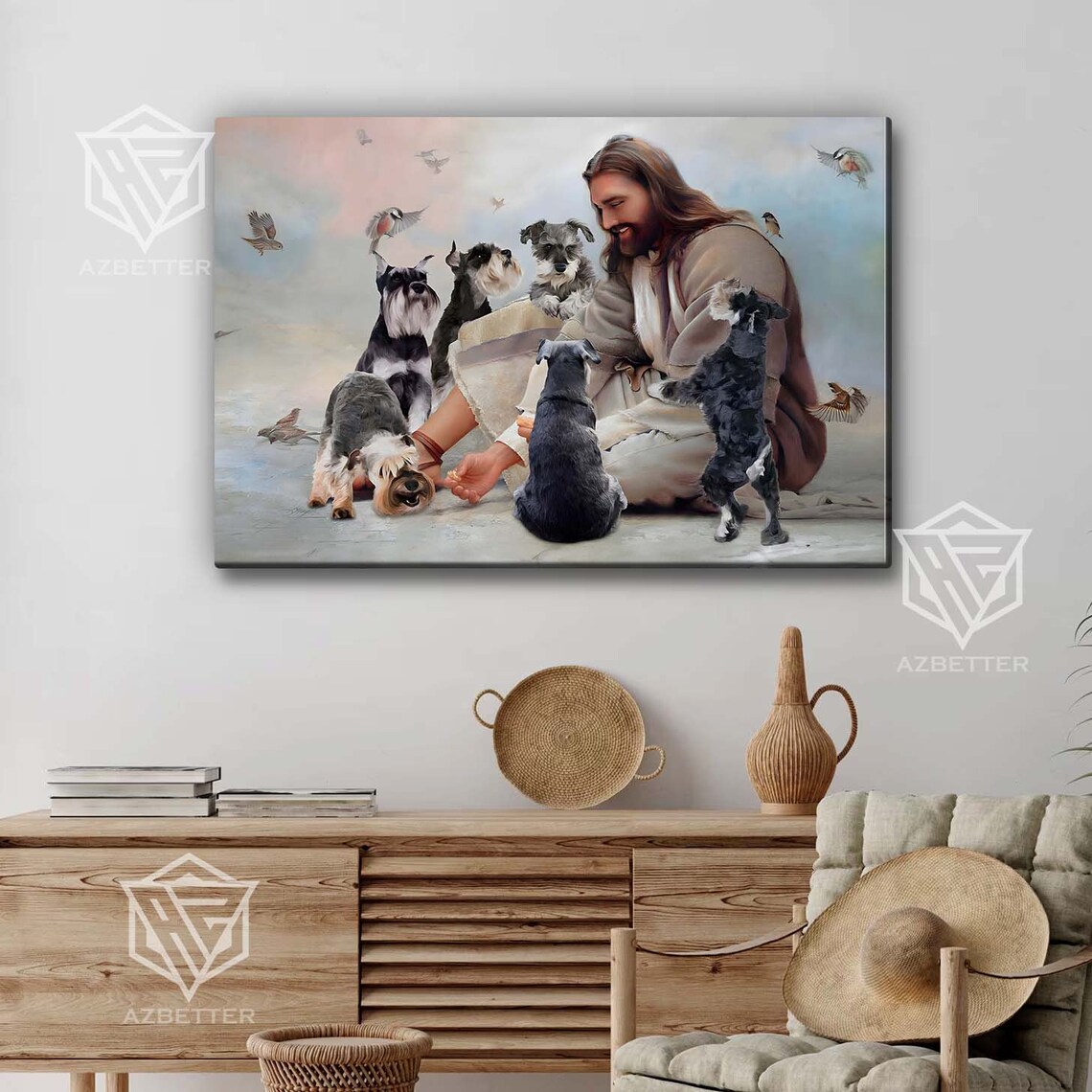 Jesus Surrounded by Miniature Schnauzers Playful Puppies Faith Poster - Image 4