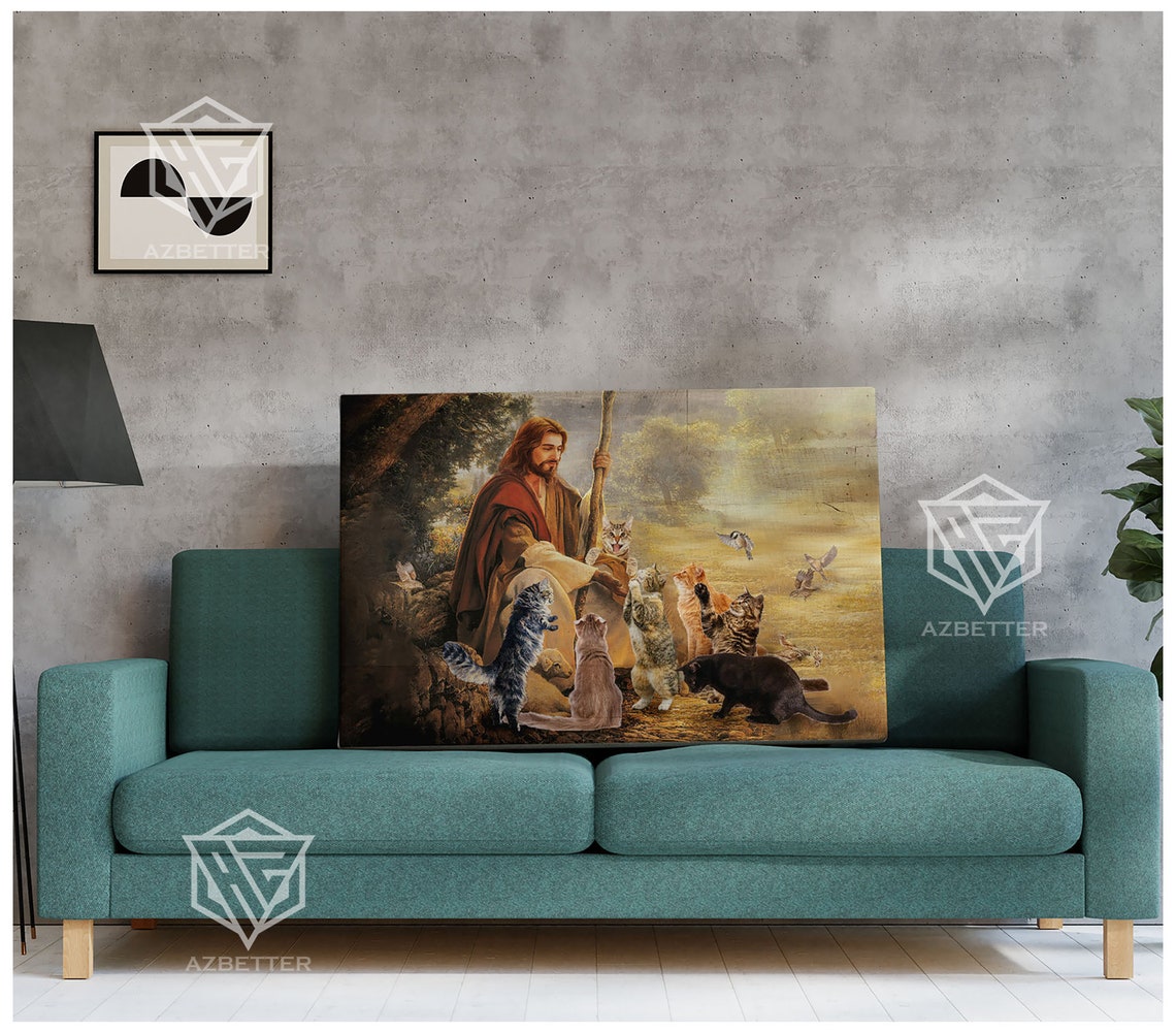 Jesus With Shepherd Staff Surrounded By Many Cats Christian Poster - Image 2
