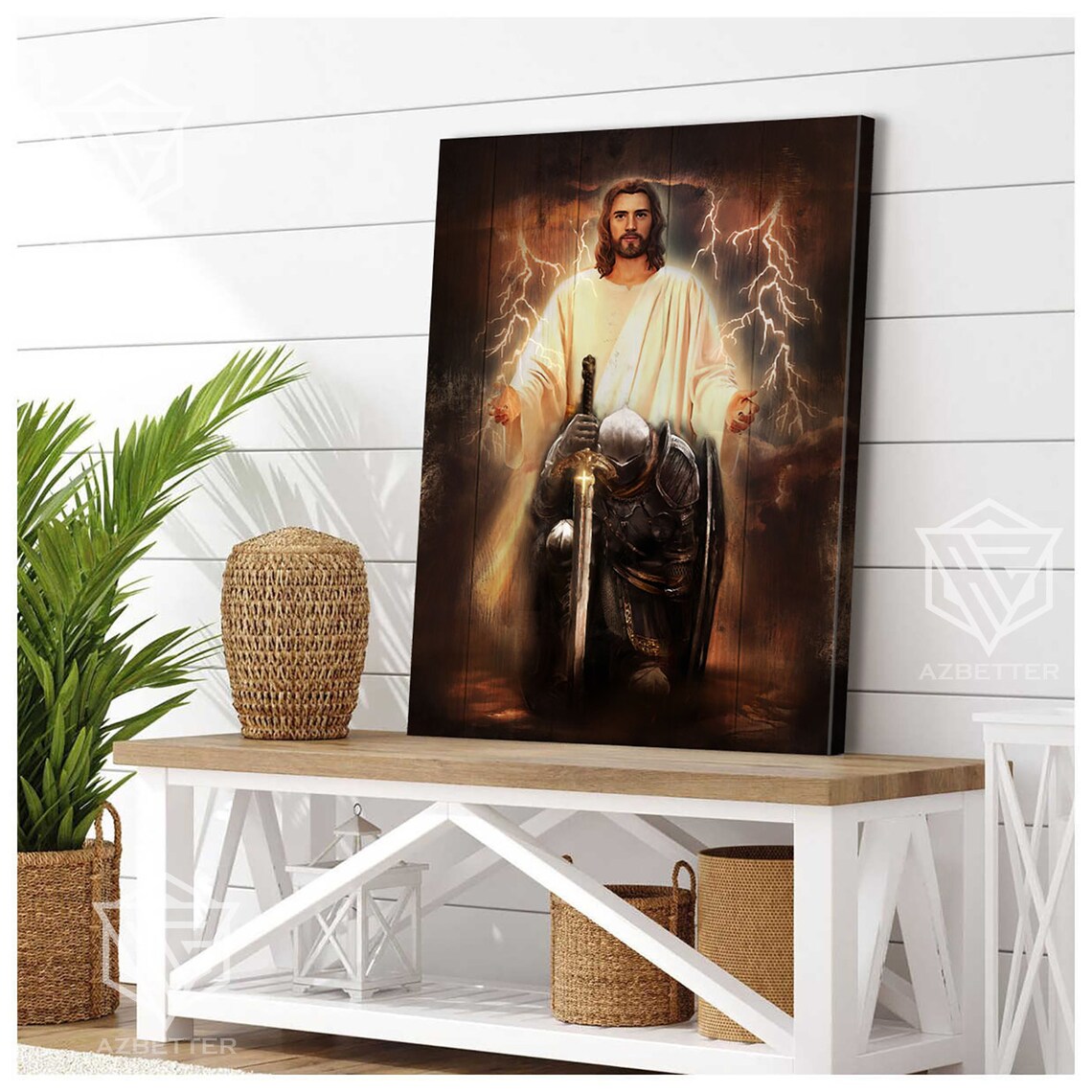 Jesus With Lightning And Kneeling Knight Armor Of God Faith Poster - Image 3