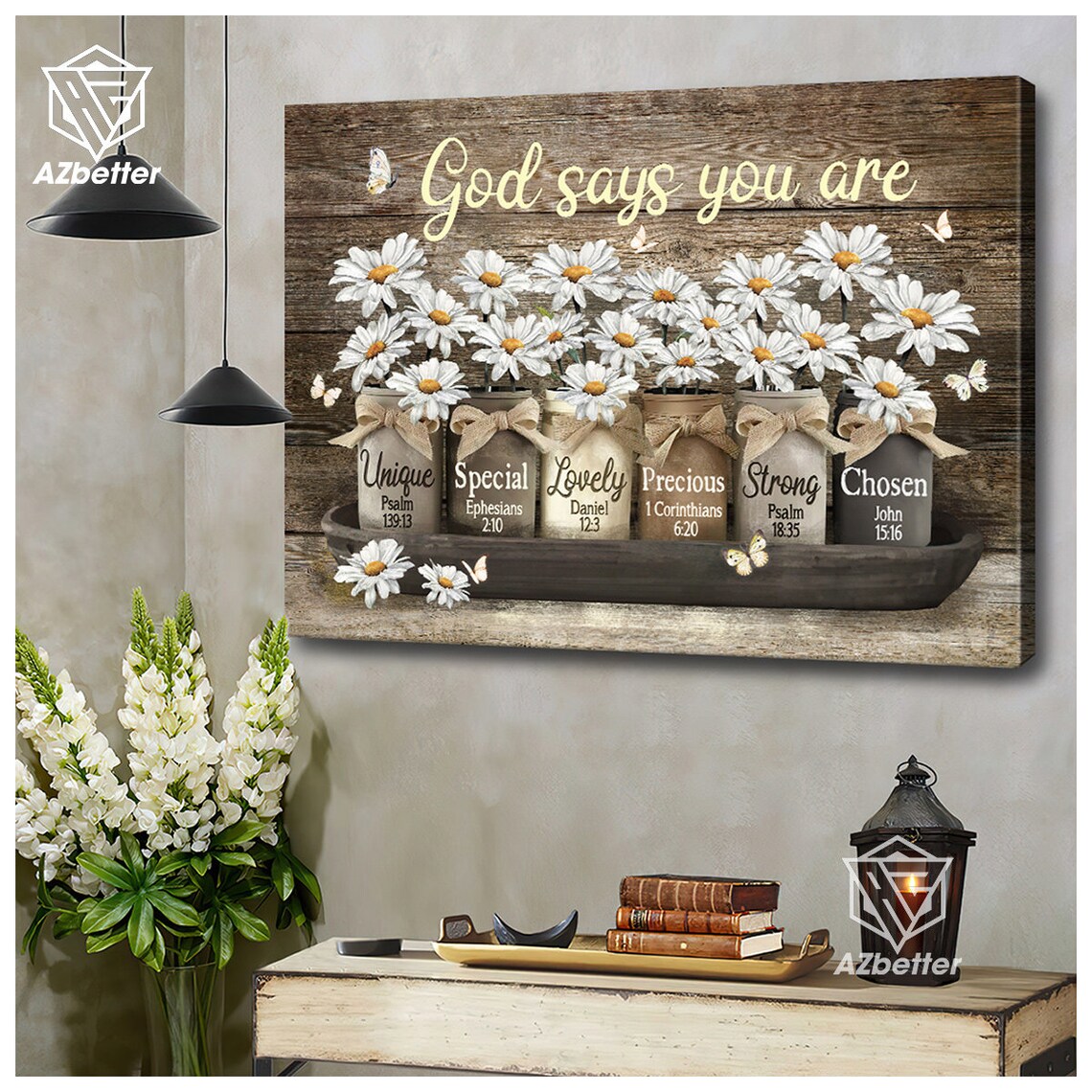 God Says You Are Mason Jars Daisies Farmhouse Tray Scripture Poster - Image 4
