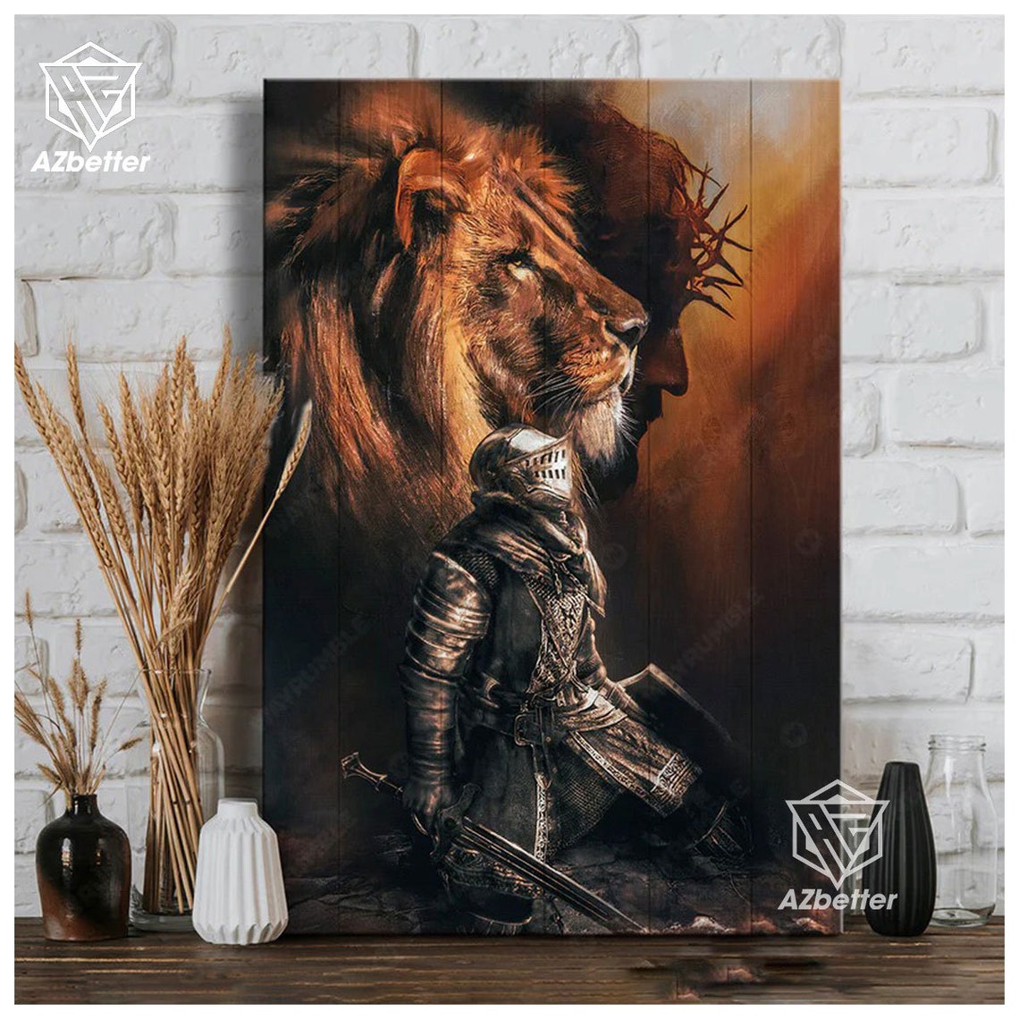 Warrior Knight Kneeling with Sword Lion Jesus Crown of Thorns Poster