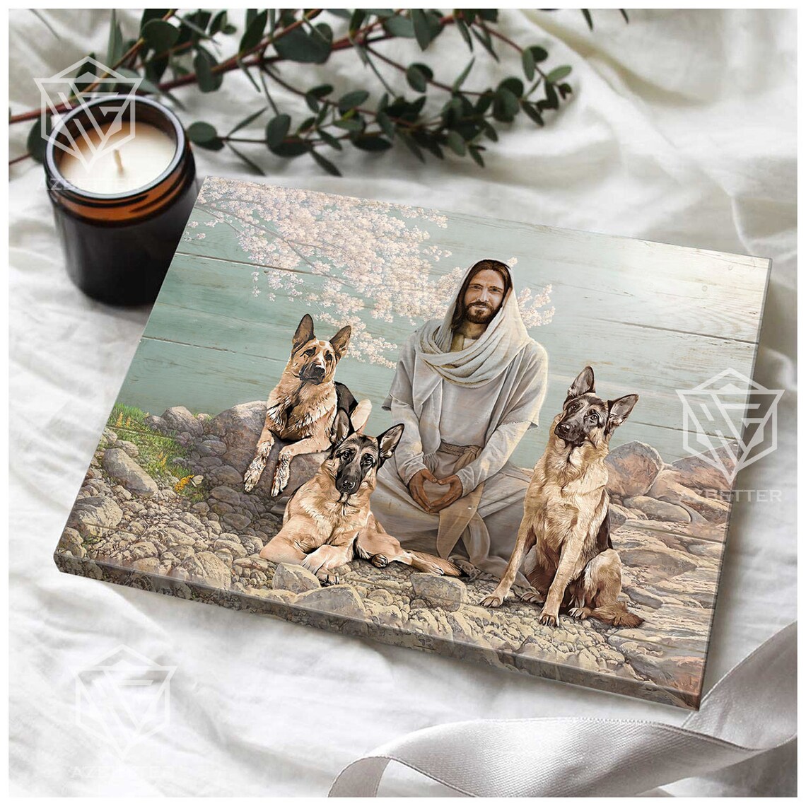 Jesus With Three German Shepherd Dogs In Blooming Garden Poster - Image 3