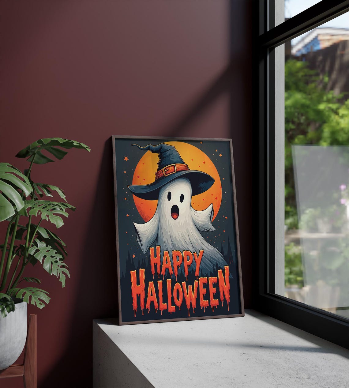 Happy Halloween Ghost In Witch Hat With Orange Moon Cute Poster