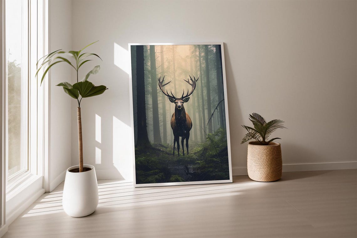 Majestic Red Deer Stag Misty Forest Photorealistic Nature Poster
