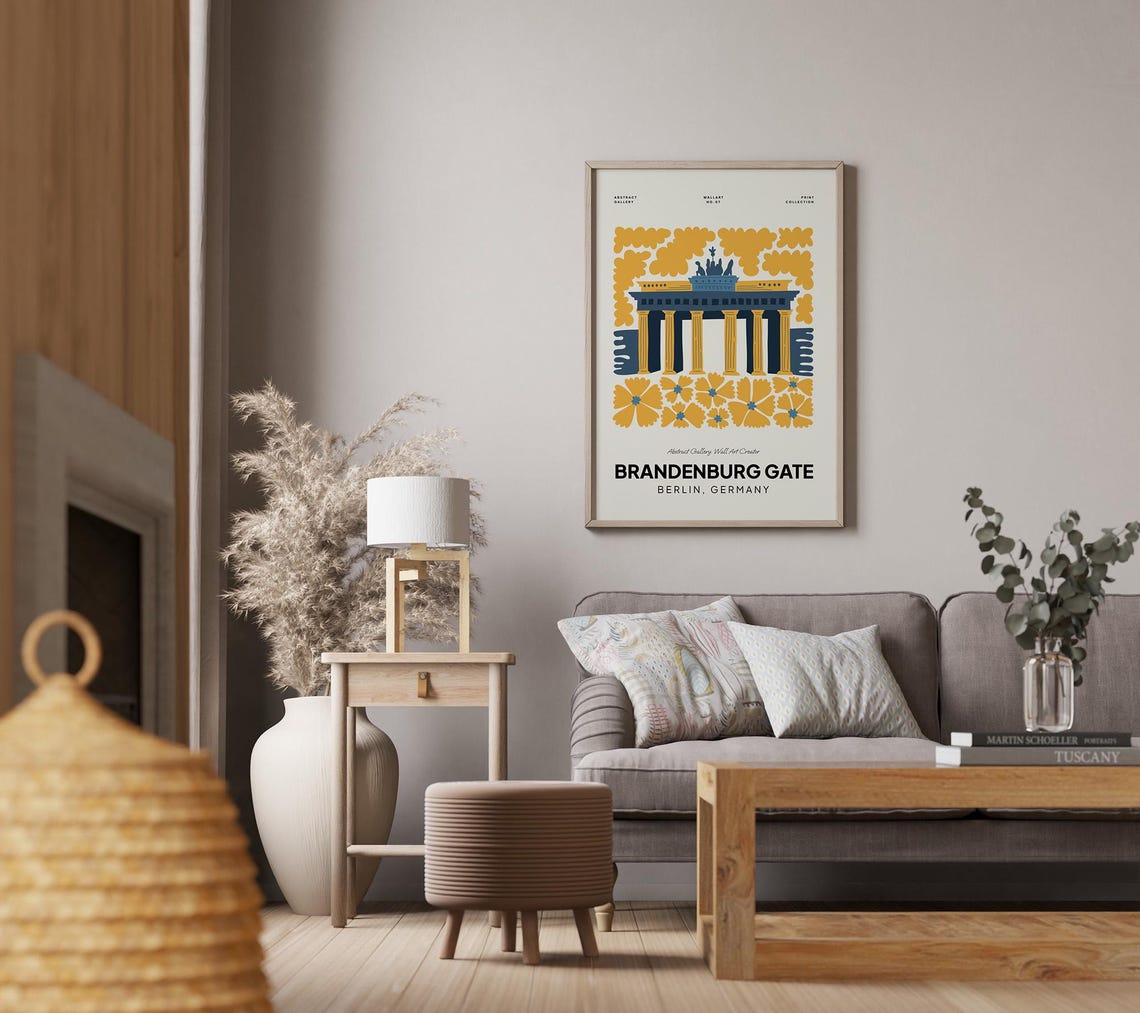 Brandenburg Gate Berlin Yellow Floral Border Vintage Travel Poster