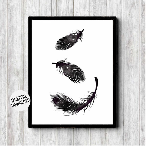 Watercolor Black Falling Feathers Minimalist Art Print