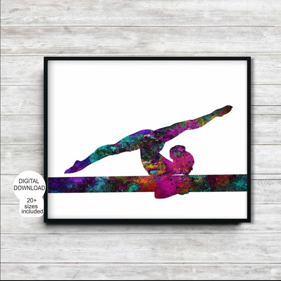 Gymnastics Poster Girls Room Decor Watercolor Female Gymnast Silhouette Print Woman On Balance Beam Colorful Grungy Paint Splatter