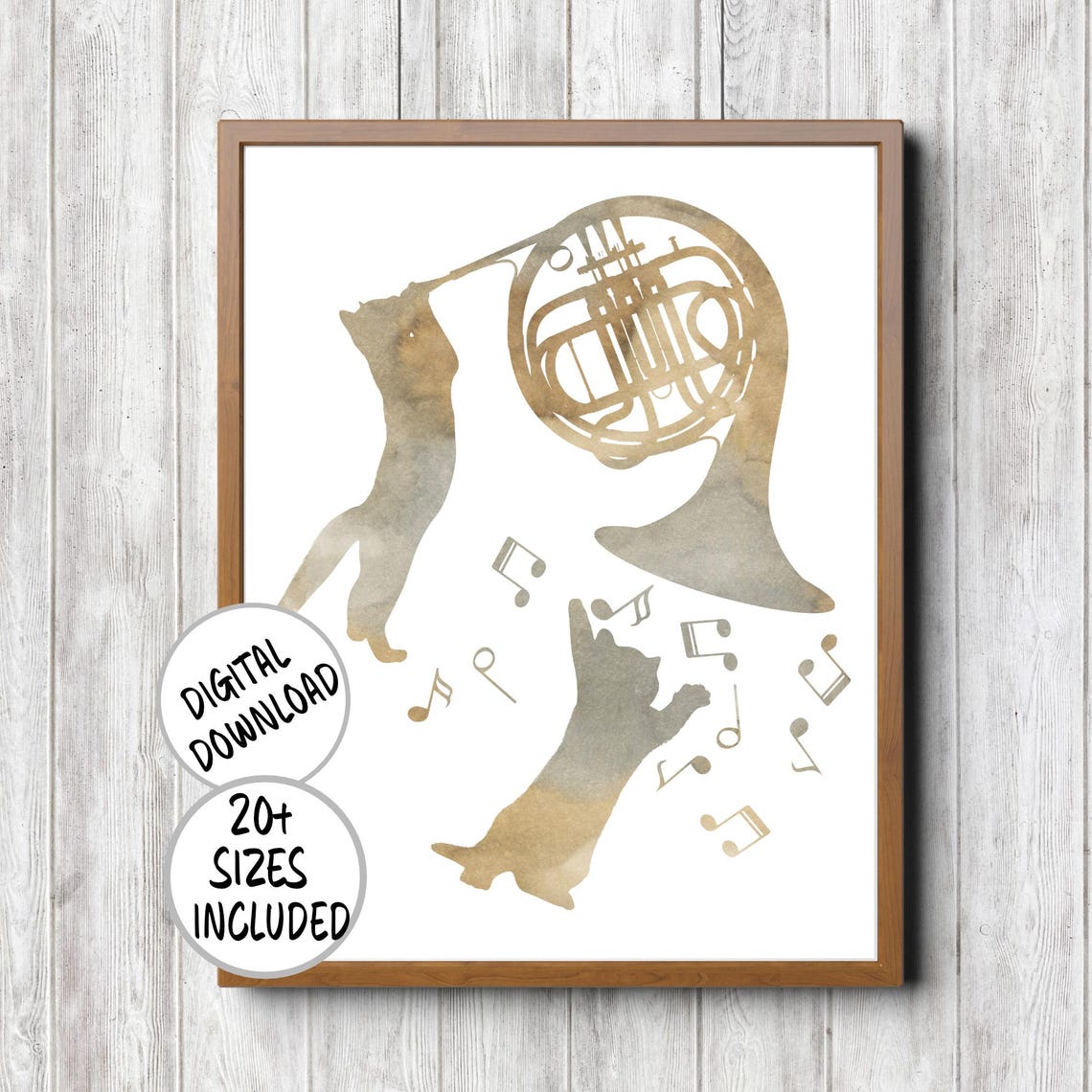 Quirky Wall Art Of Cats Playing A French Horn With Music Notes For Baby Nursery Or Kids Room Teen Bedroom Or Music Room Musical Notes Print