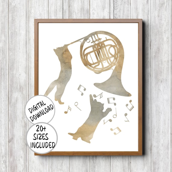 Two Cats Reaching for French Horn Muted Watercolor Music Notes Cat Lover Poster