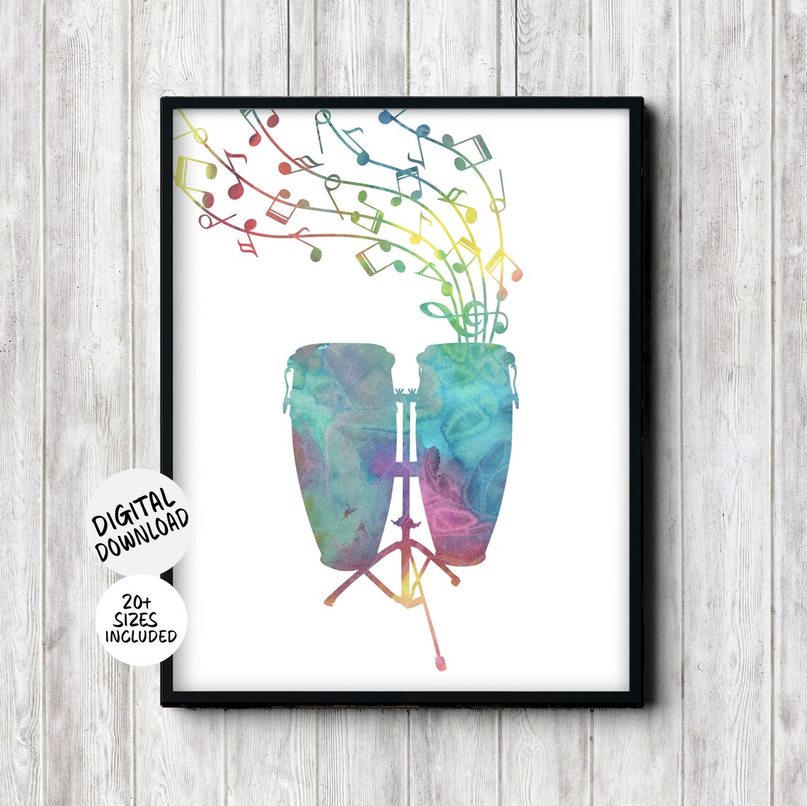 Conga Drums Silhouette With Music Notes Poster