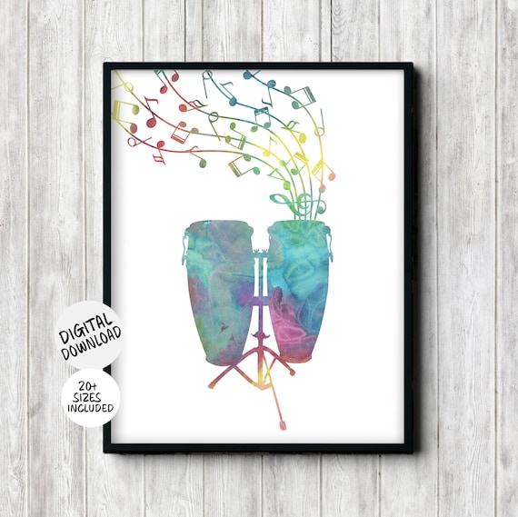 Conga Drums Silhouette With Music Notes Poster
