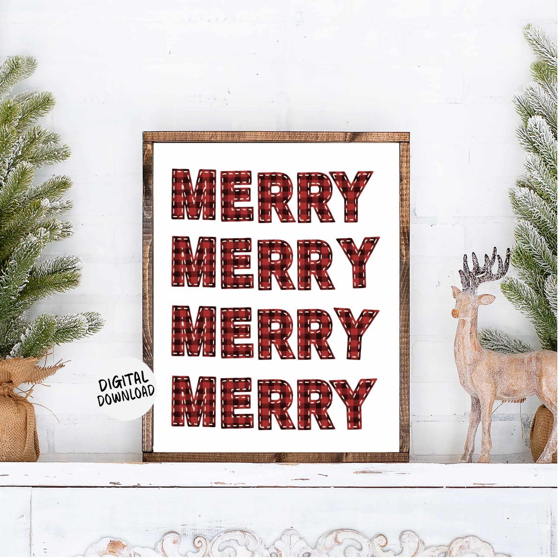 Merry Merry Merry Merry Red Plaid Christmas Lettering Wall Art