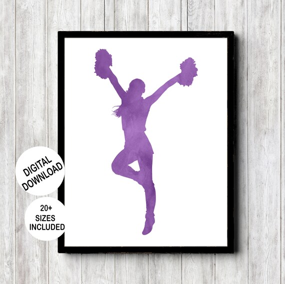 Cheerleader Jump Silhouette Purple Watercolor Pom Poms Teen Girls Room Poster