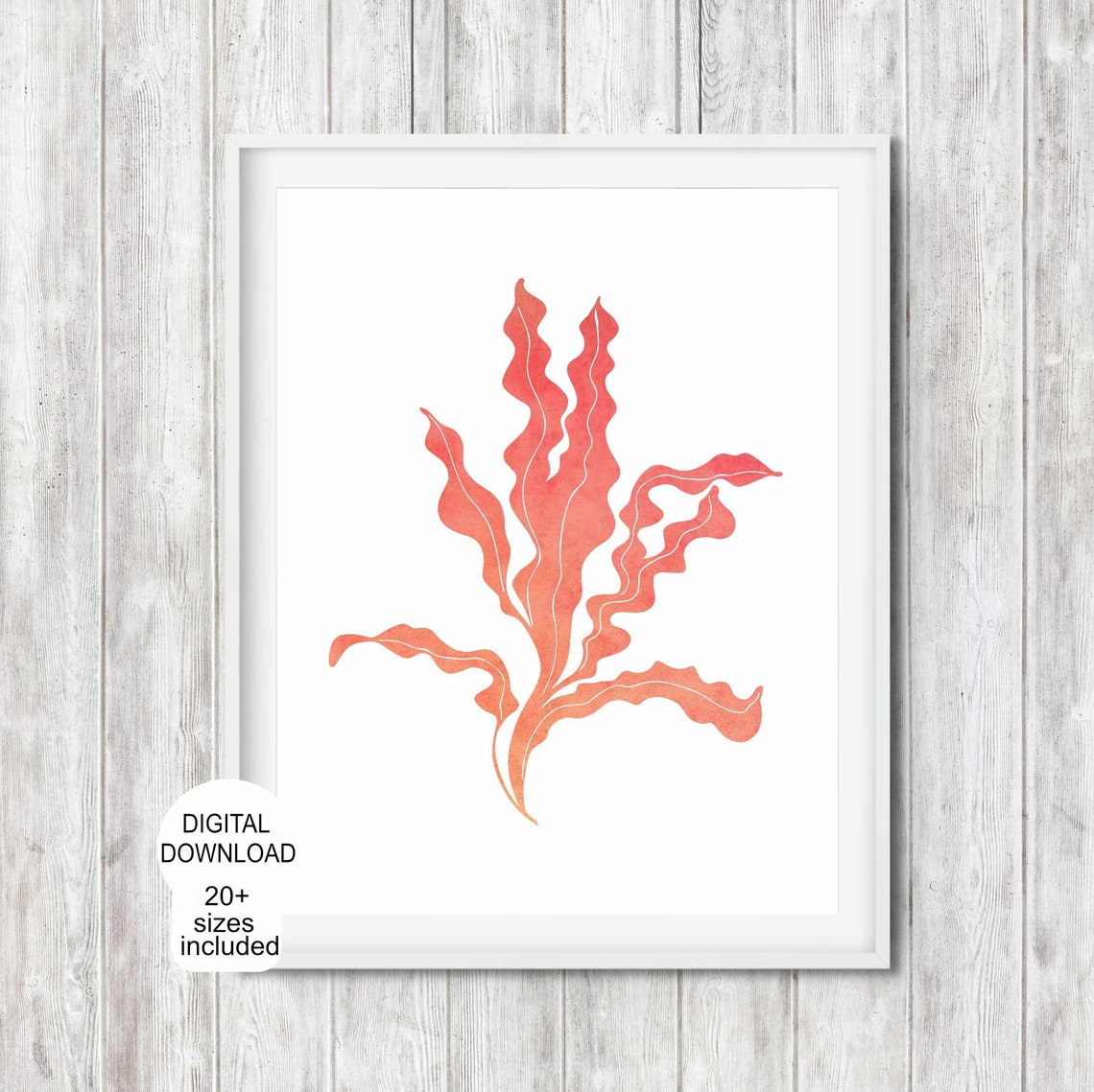 Coral Seaweed Watercolor Wavy Leaves Coastal Ocean Decor Poster