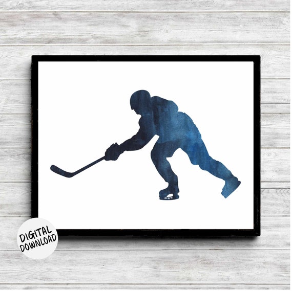 Watercolor Ice Hockey Player Wall Art Sports Teen Boys Room Decor Athlete Silhouette Poster