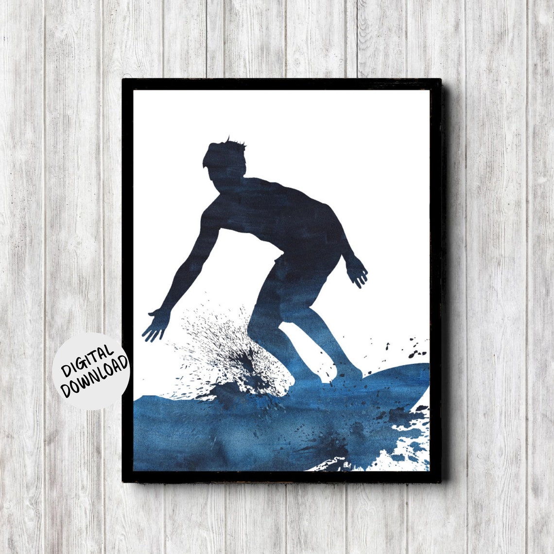 Surfer Silhouette Navy Blue Watercolor Surfing Wave Art Poster