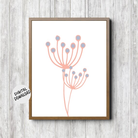 Simple Flower Girls Room Nursery Decor Pinchushion Wall Art Minimalist Print Coral Perriwinkle