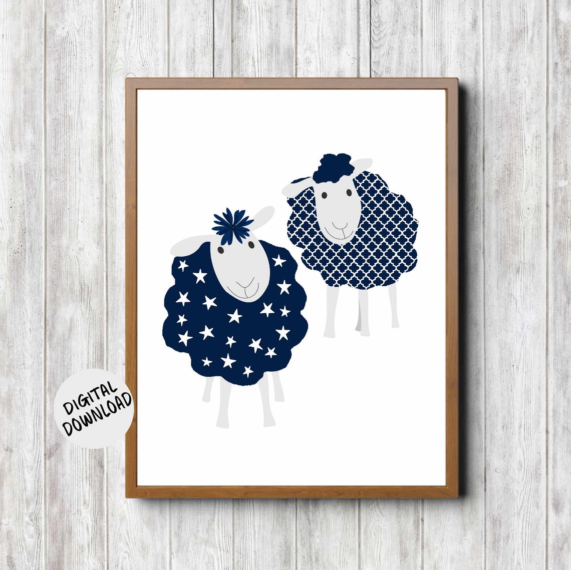 Navy Blue Sheep Pair Star Pattern Cute Nursery Kids Room Print