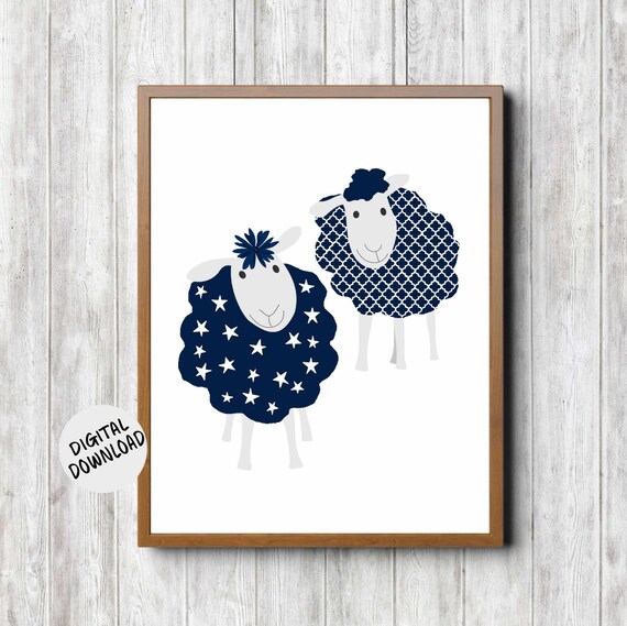 Cute Sheep Nursery Wall Art Navy Blue Boys Girls Room Decor Farm Animal Poster Baby Shower Print