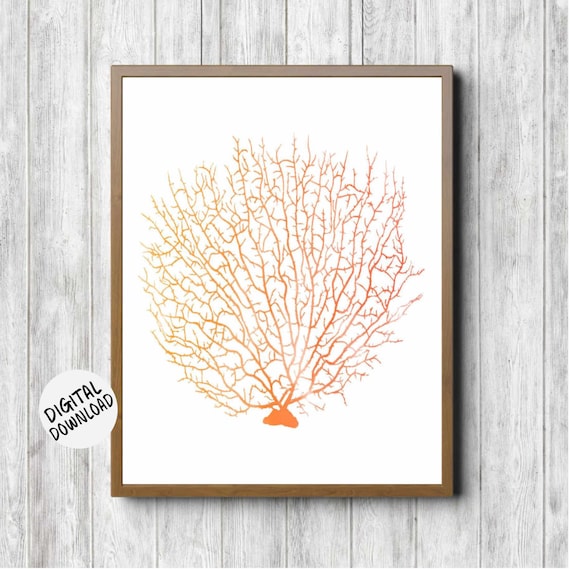 Watercolor Fan Coral Wall Art Orange Wall Decor Sea Coral Office Wall Art Sea Life Print