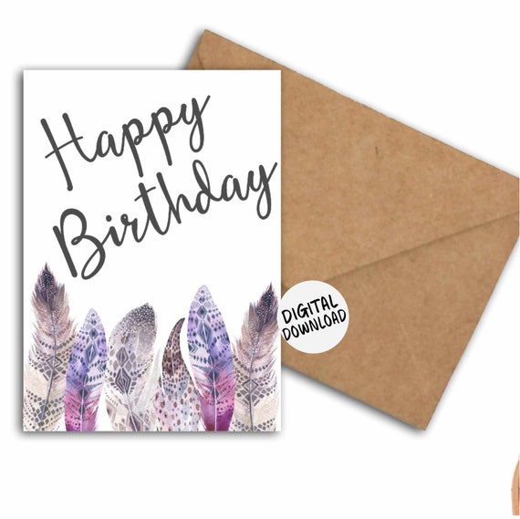 Happy Birthday Boho Purple Feather Watercolor Card Digital Download Print