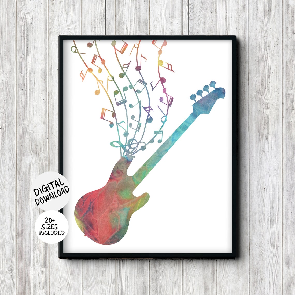Watercolor Bass Guitar With Colorful Music Notes Musician Poster