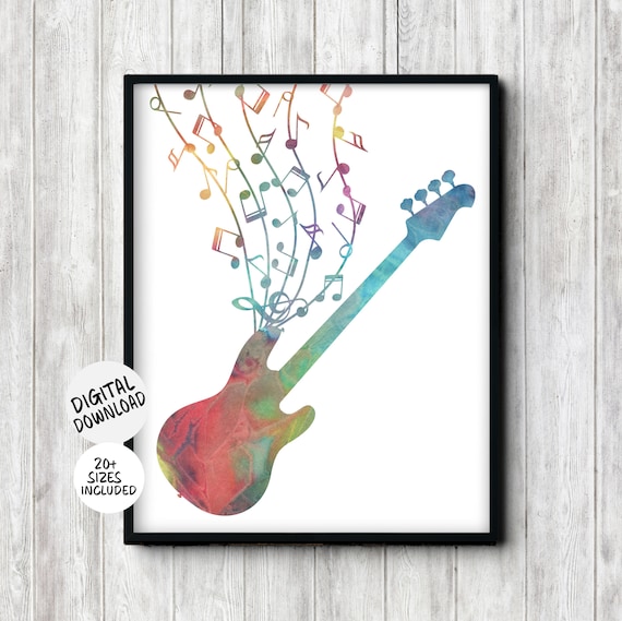 Watercolor Bass Guitar With Colorful Music Notes Musician Poster