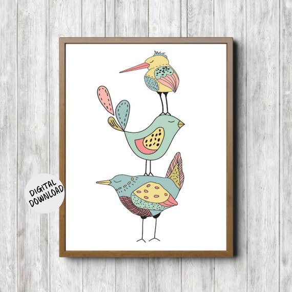 Quirky Bird Nursery Wall Art, Three Little Birds