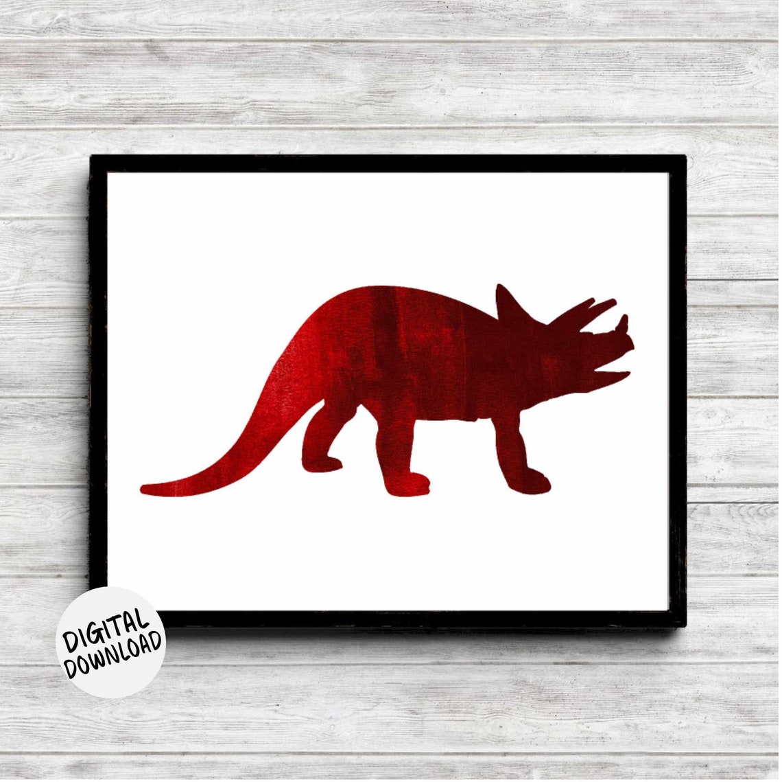 Red Triceratops Dinosaur Watercolor Silhouette Kids Room Poster