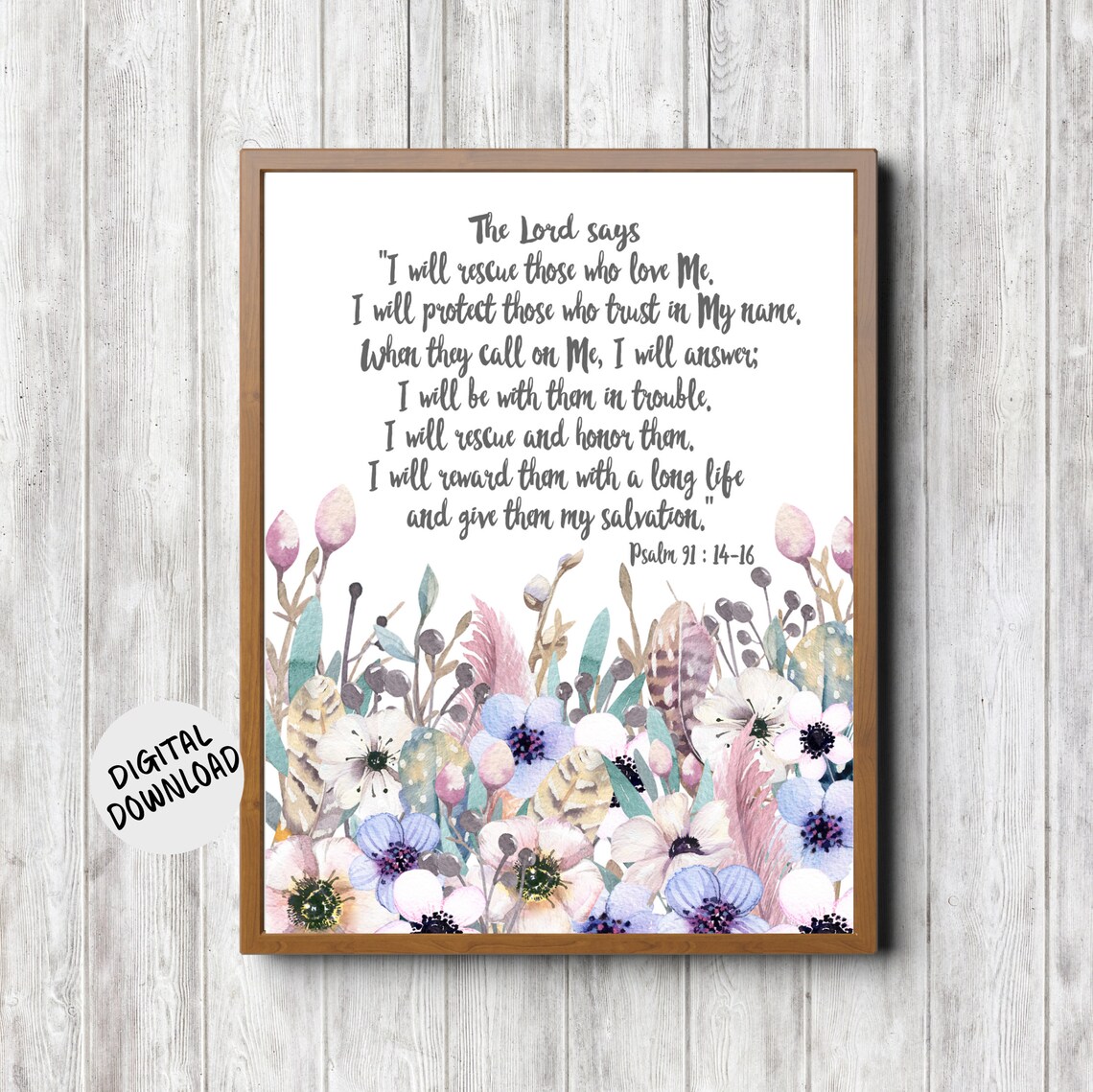 Psalm 91:14-16 Scripture Art Print, Christian Verse