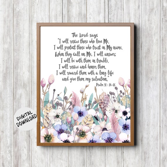 Psalm 91:14-16 Scripture Art Print, Christian Verse