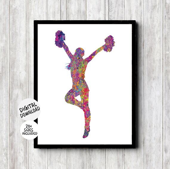Cheerleader Arms Up Splatter Silhouette Watercolor Sport Poster