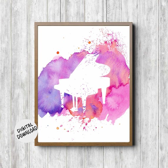 White Grand Piano Silhouette Pink Purple Watercolor Music Wall Decor Poster