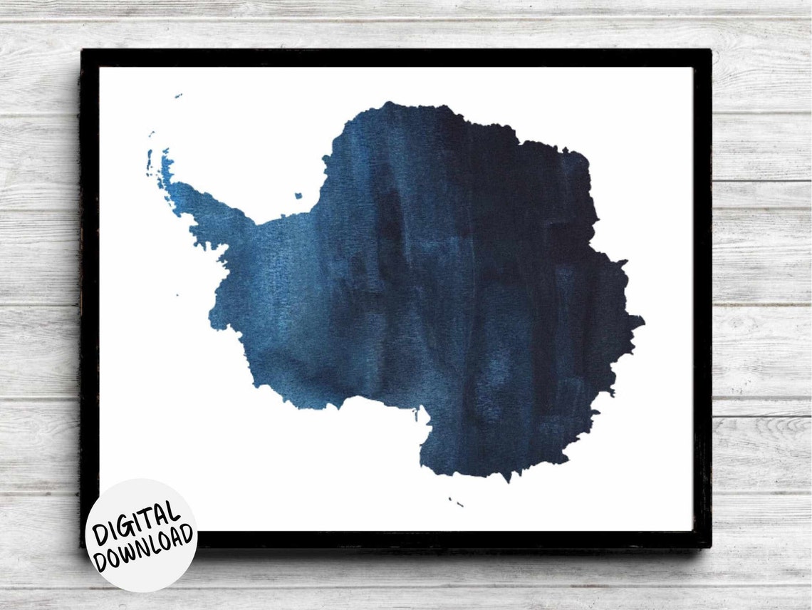 Antarctica Continent Silhouette Navy Blue Watercolor Map Print