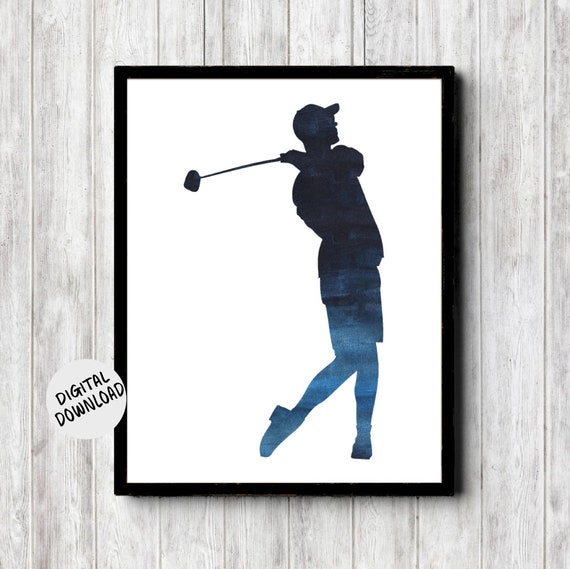 Male Golfer Silhouette Wall Decor Golf Gift For Men Boyfriend Dark Blue Sports Office Wall Art