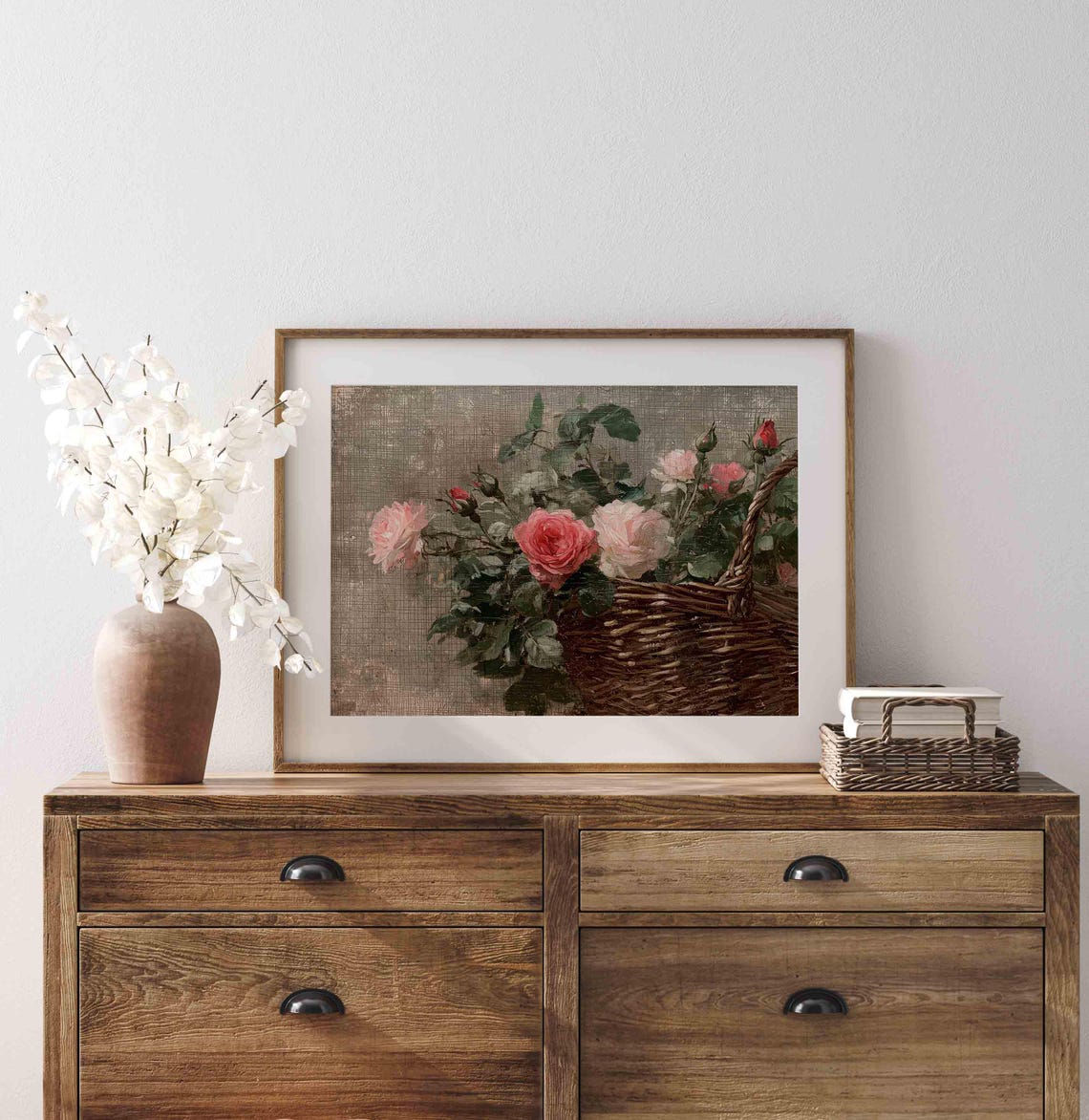 Vintage Pink Roses Wicker Basket Textured Oil Painting Wall Art Poster - Image 4