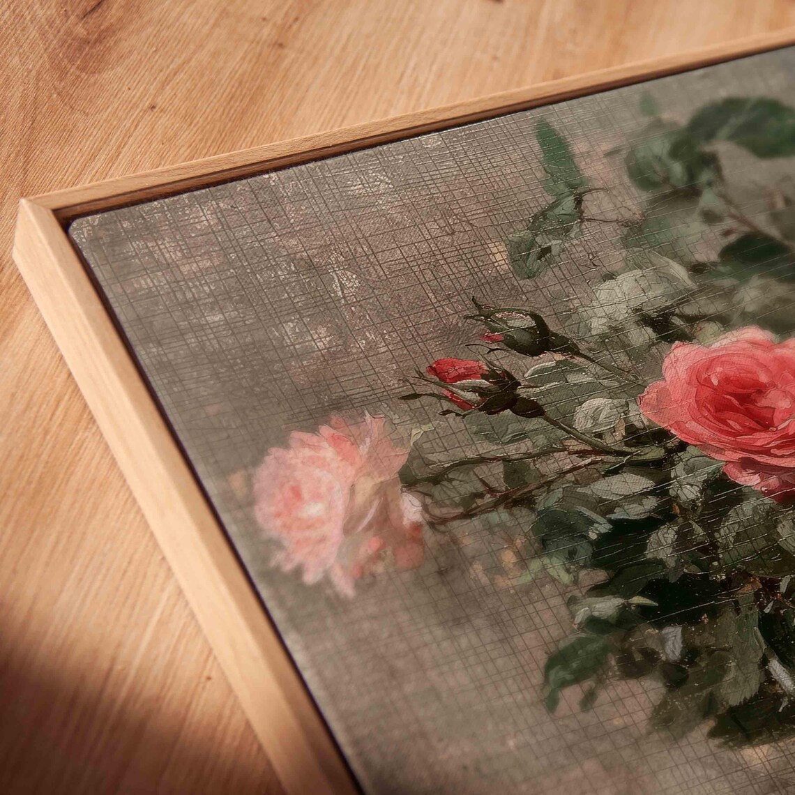 Vintage Pink Roses Wicker Basket Textured Oil Painting Wall Art Poster - Image 2