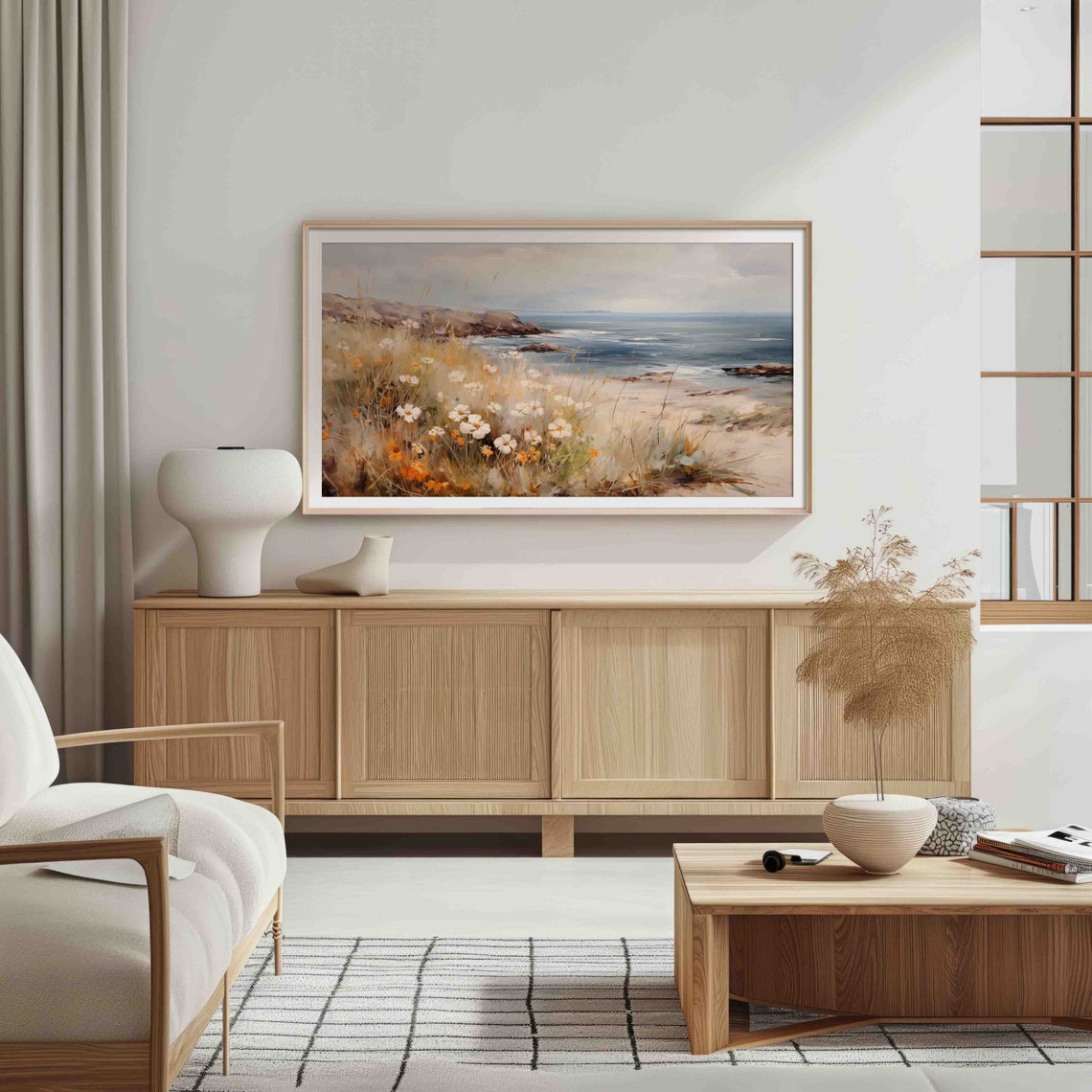 Serene Wildflower Cliff Overlooking a Calm Coastal Seascape Print