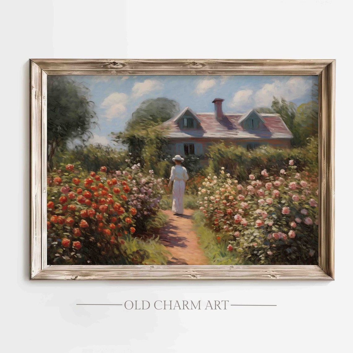 Woman Walking Rose Path To Cottage Impressionist Summer Garden Poster