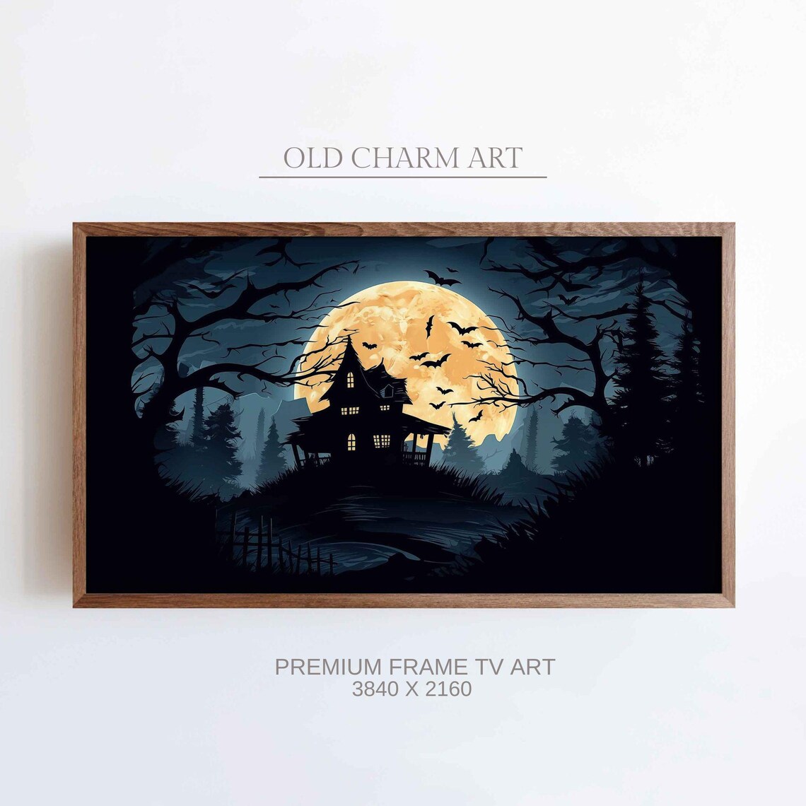 Haunted House Silhouette Under A Giant Orange Moon And Bats Poster