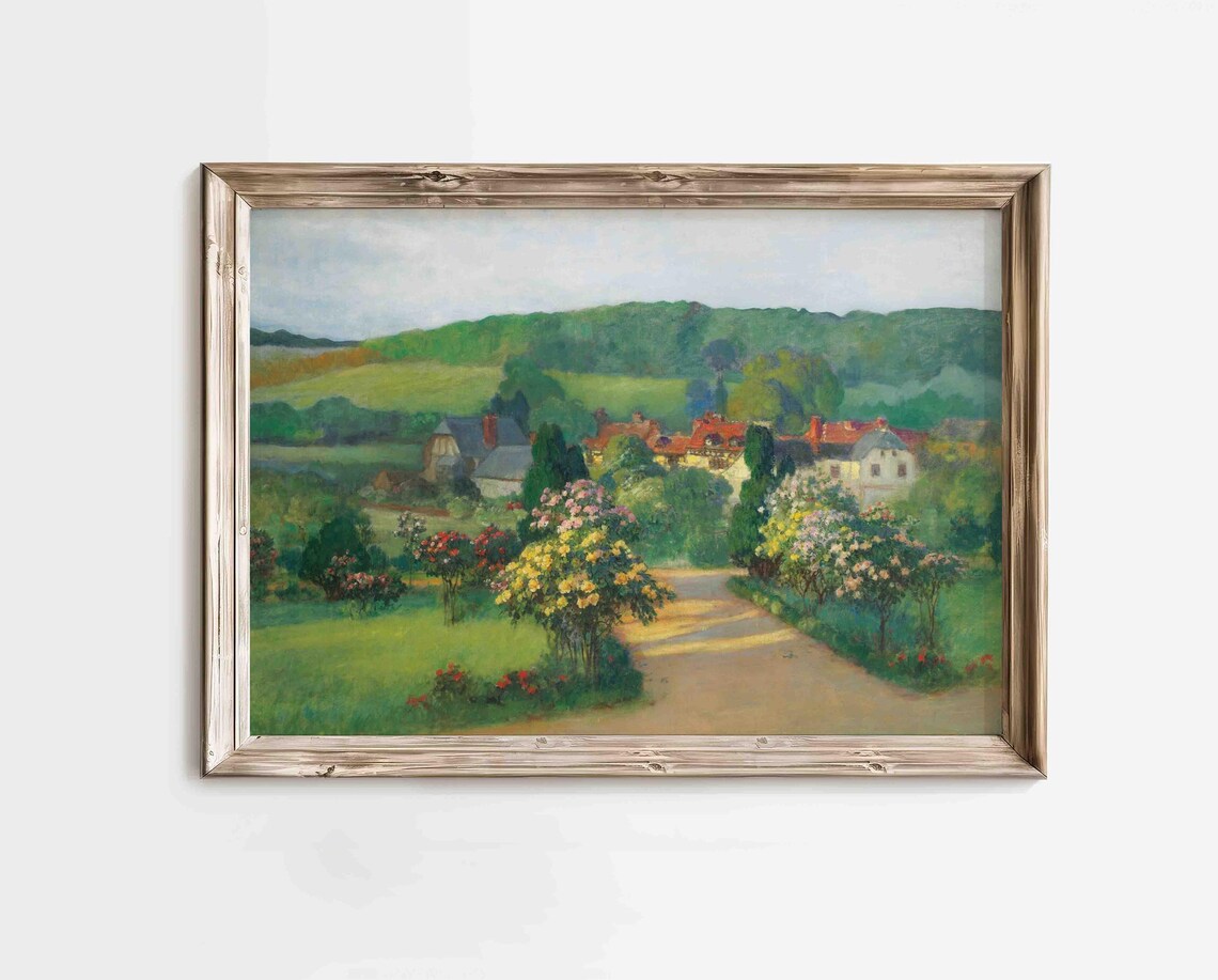 Rose Garden Path To A Village With Red Roofs And Green Hills Poster - Image 2