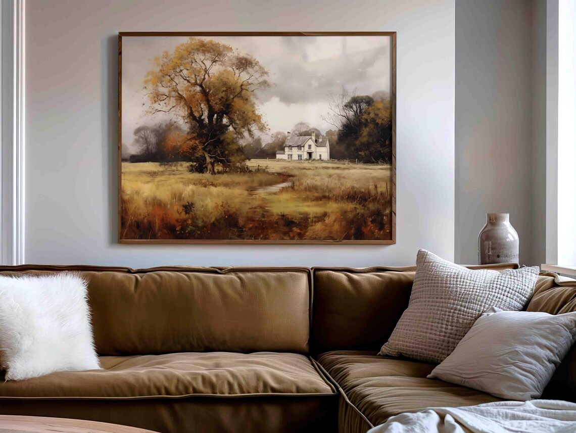 Lone Oak Tree in Golden Autumn Meadow by Old Farmhouse Poster - Image 4