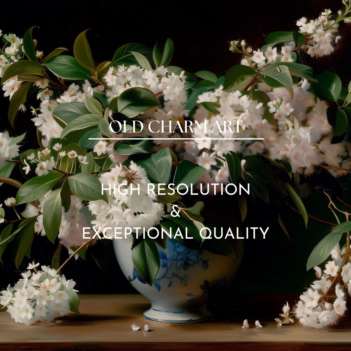 White Blossom Branches In Blue Porcelain Vase Dark Still Life Poster - Image 2