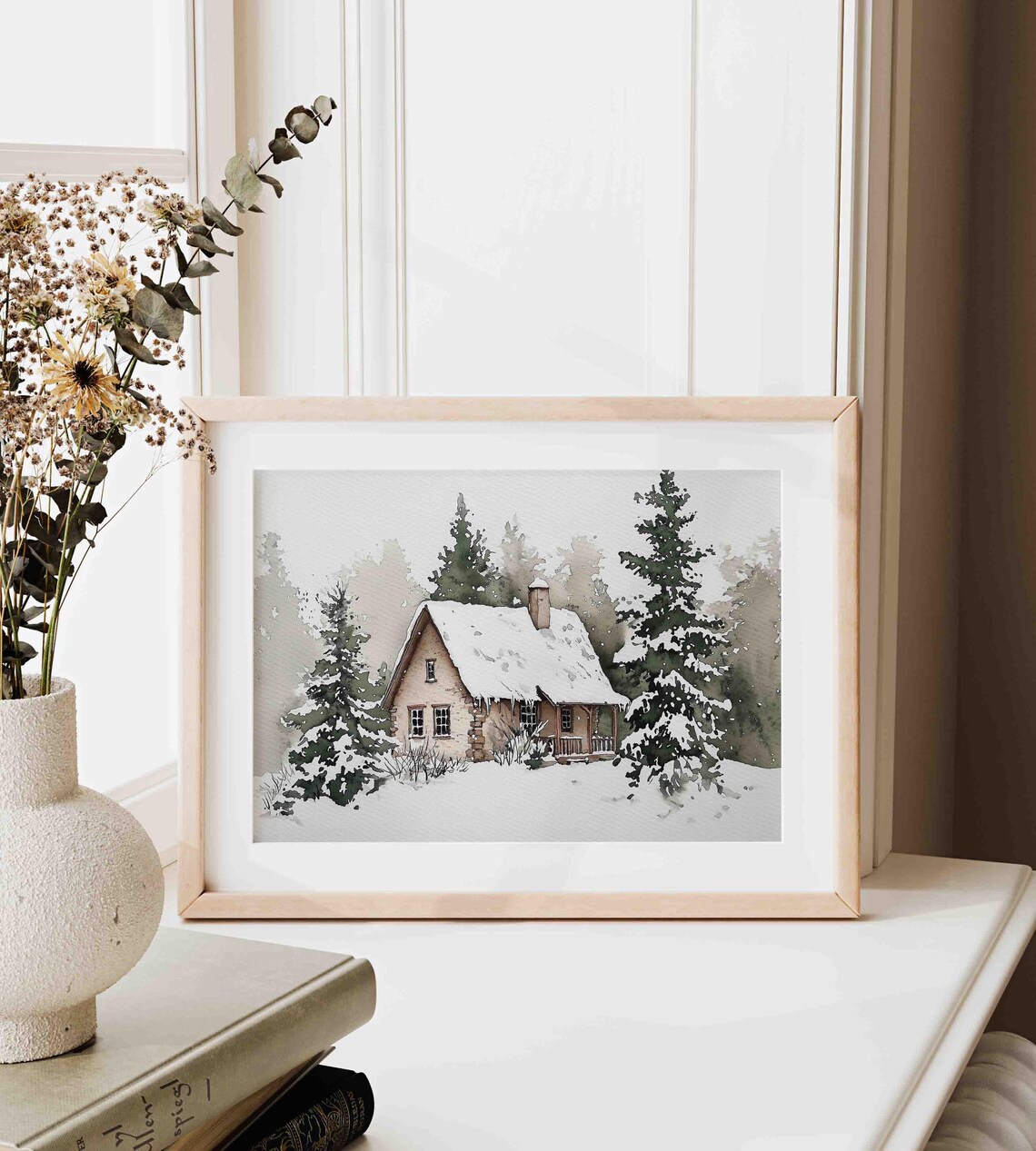 Cozy Snowy Cabin Evergreens Watercolor Winter Painting Poster - Image 3