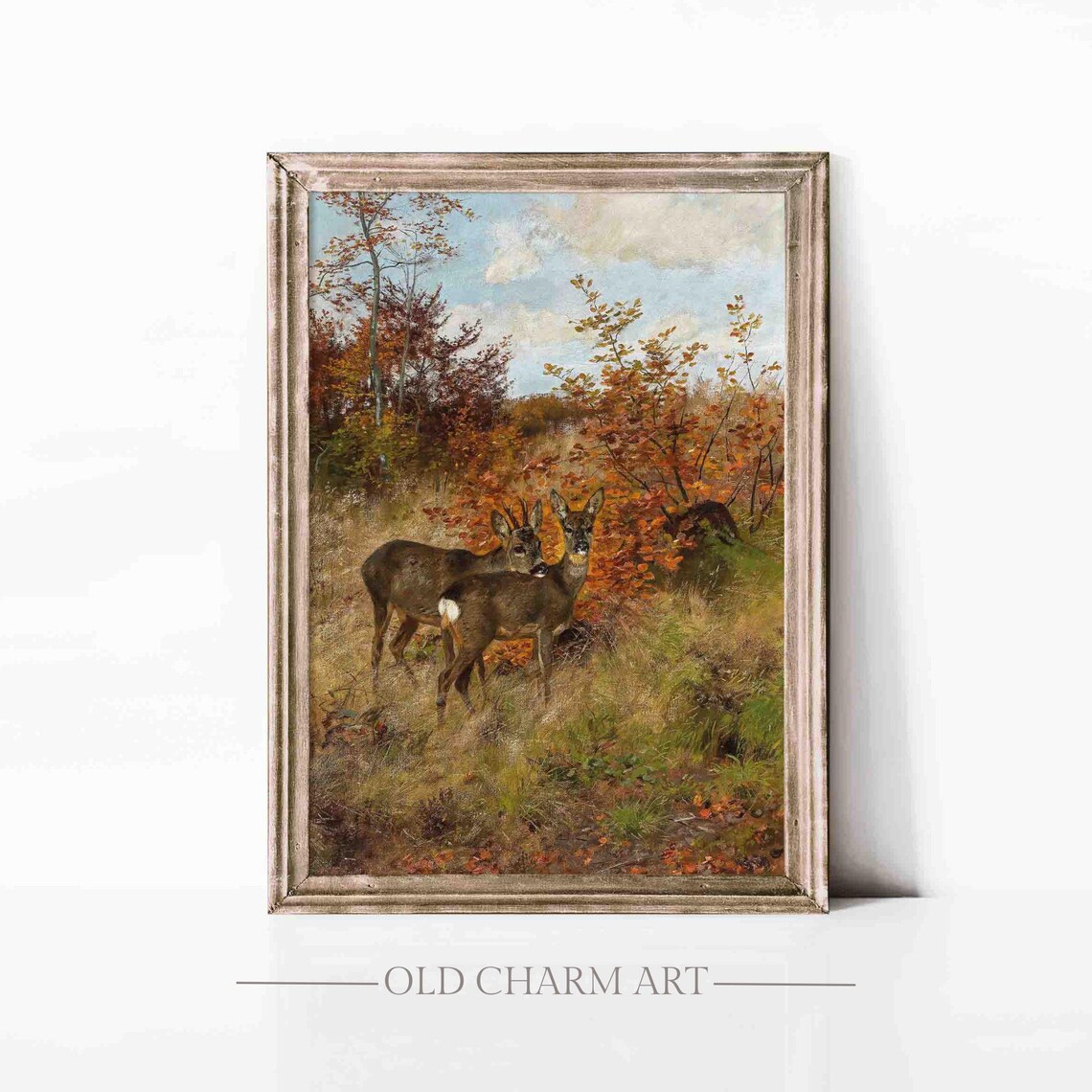 Two Roe Deer in an Autumn Forest Edge Wildlife Painting Poster
